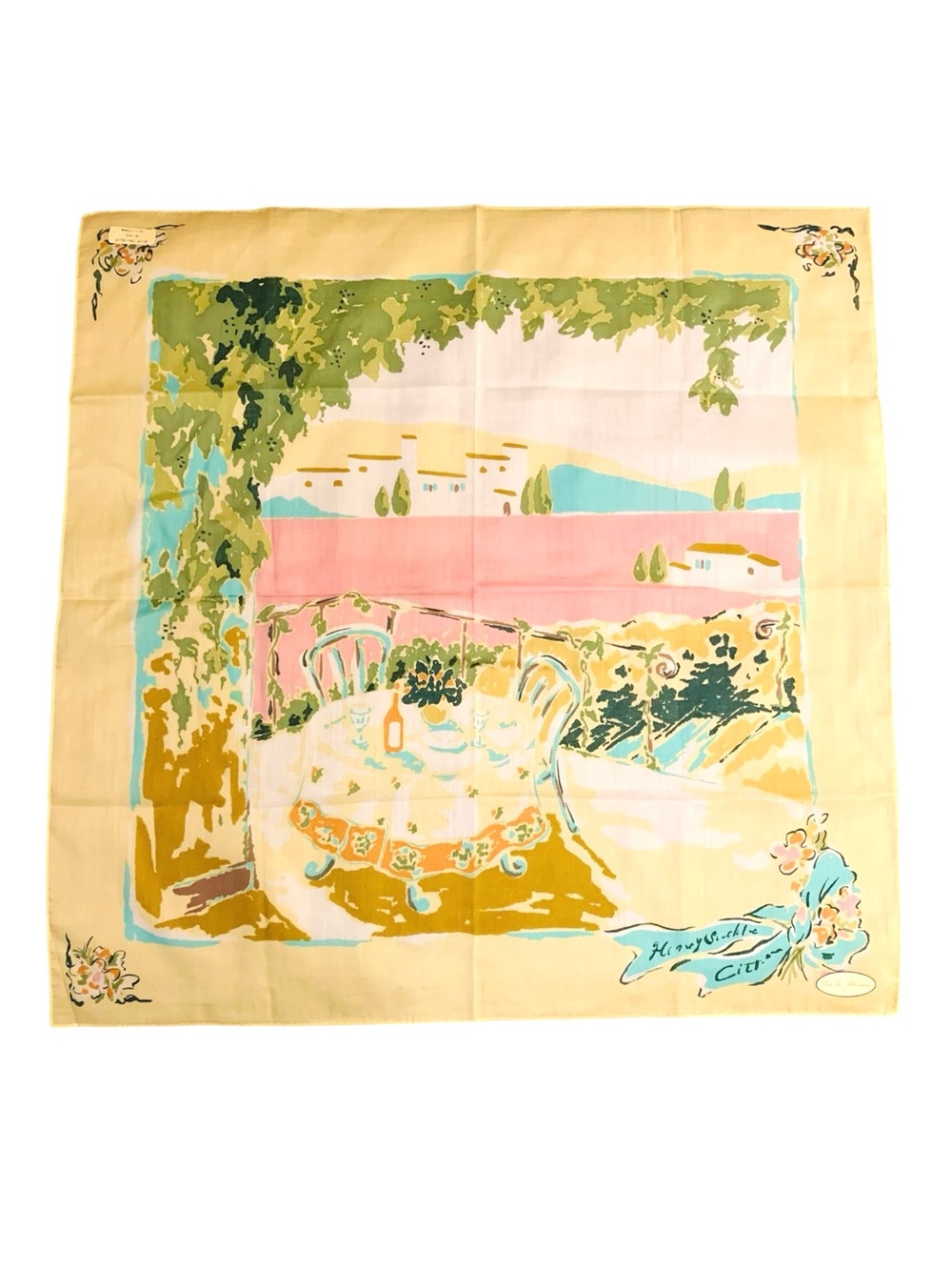 Eau de Blooming 21” Square Cotton Handkerchief NWT Unused Scenic Art Print Japan